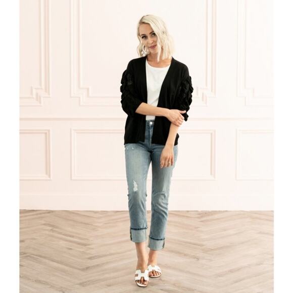Rachel Parcell NWT Black Ruffle Short Sleeve Cardigan Pockets XS - Picture 1 of 6
